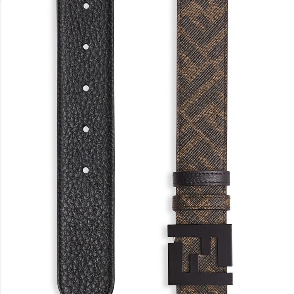 Belt with signature FF buckle reverses from allover logo print to a sleek